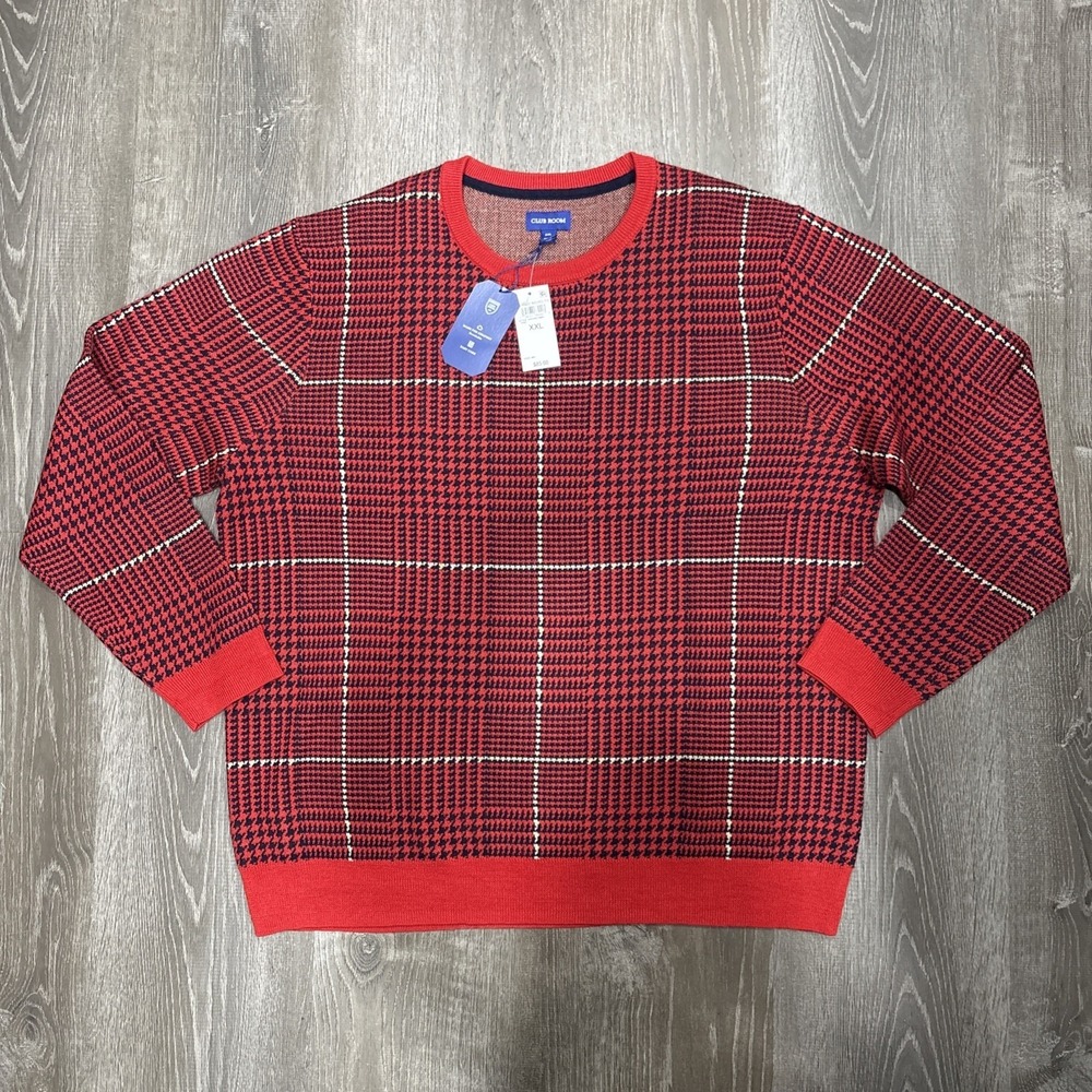 NWT Club Room Merino Wool Blend Sweater Men's XXL Knit Glen Plaid Red Novel